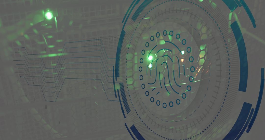 Futuristic Digital Interface with Fingerprint Icon Overlay on Data Center