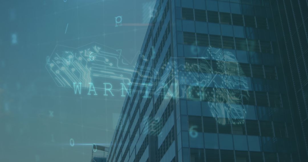 Digital Security Holograph Overlay on Modern Office Building