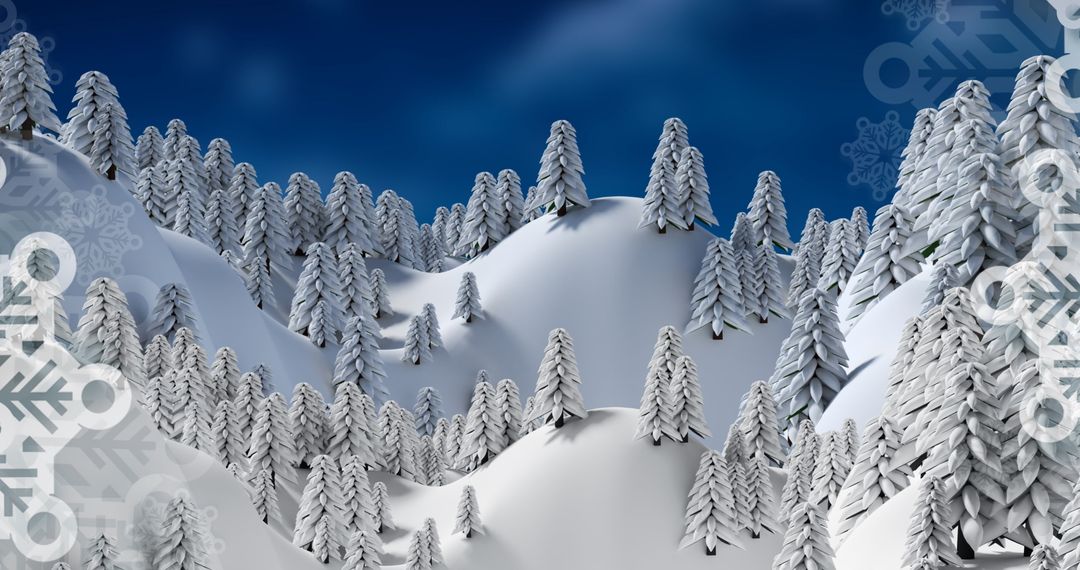 Wintry Tree Landscape Over Snowy Mountains in Abstract Design