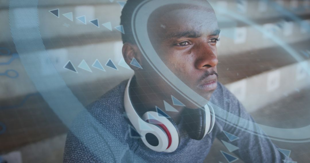 Data Overlay on Pensive Athlete in Stadium