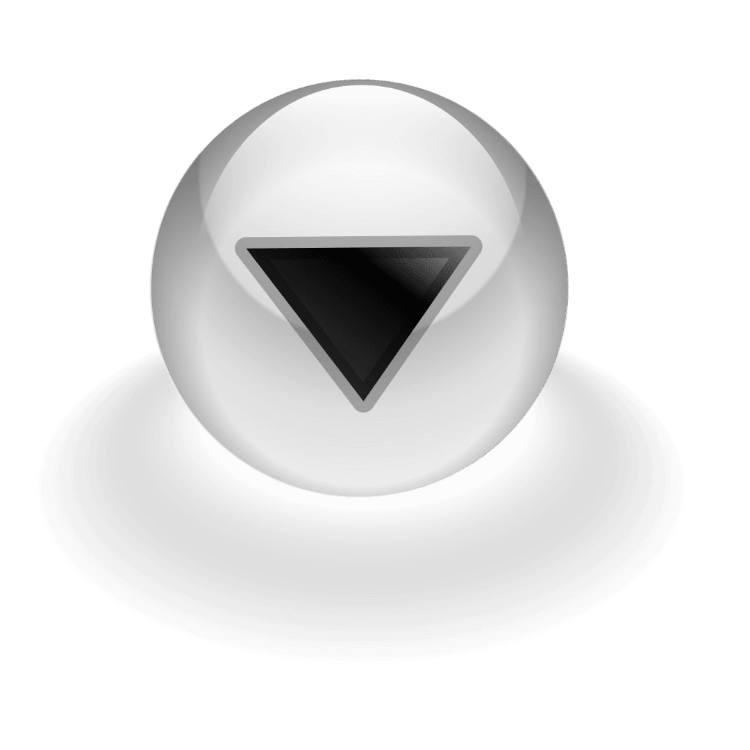 Transparent round glass button with downward arrow design