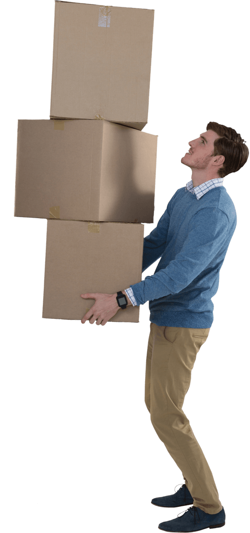Young Man Balancing Cardboard Boxes on Transparent Background