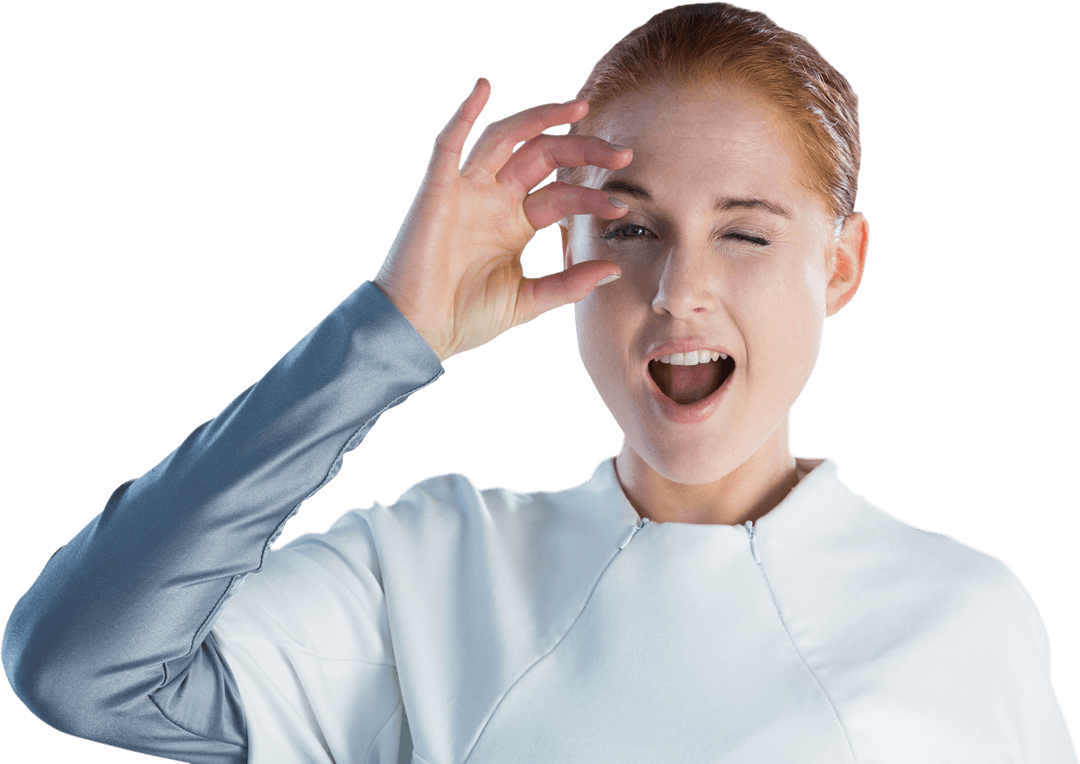 Businesswoman Adjusting Invisible Glasses with Winking Expression