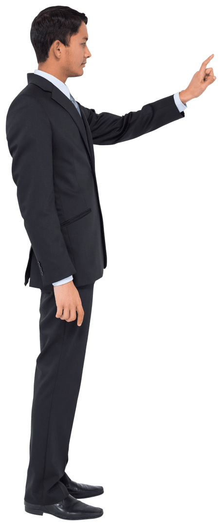 Smiling Asian Businessman Pointing in Formal Suit on Transparent Background