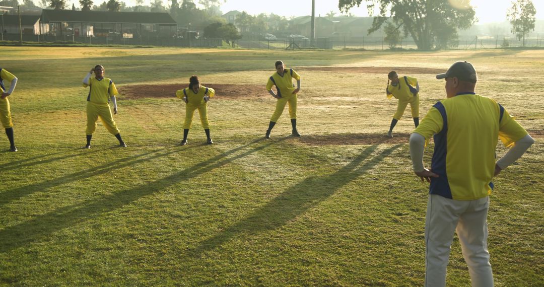 Baseball Team Stretching on Field at Sunrise