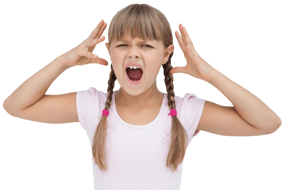 Shouting Caucasian Girl with Braids Transparent Background