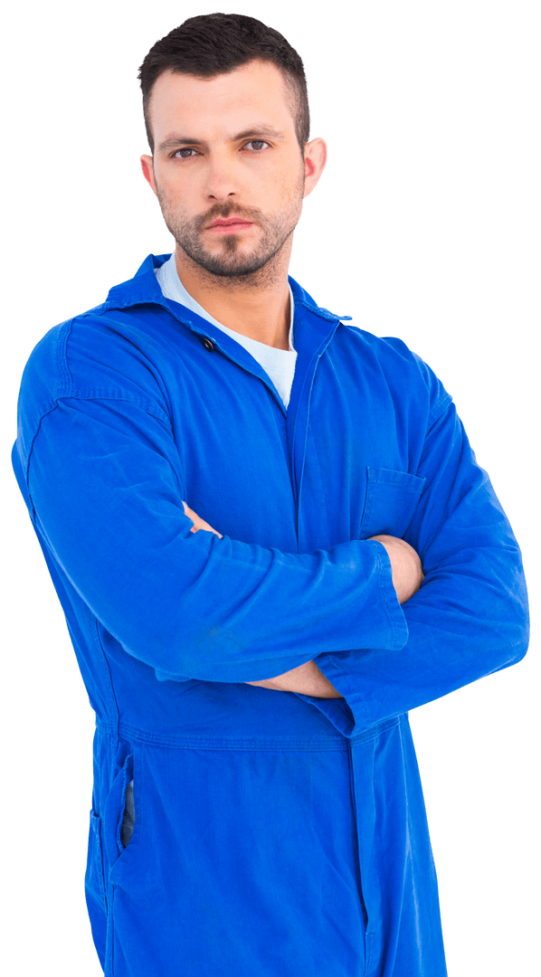 Confident Male Mechanic in Blue Coveralls with Transparent Background