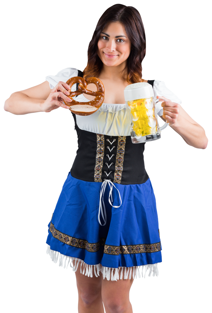 Smiling German Woman Holding Beer and Pretzel in Transparent Background - Download Free Stock Images Pikwizard.com