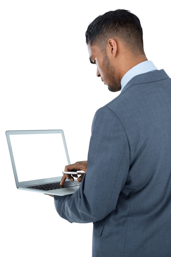 Transparent Businessman Using Laptop Isolated on White