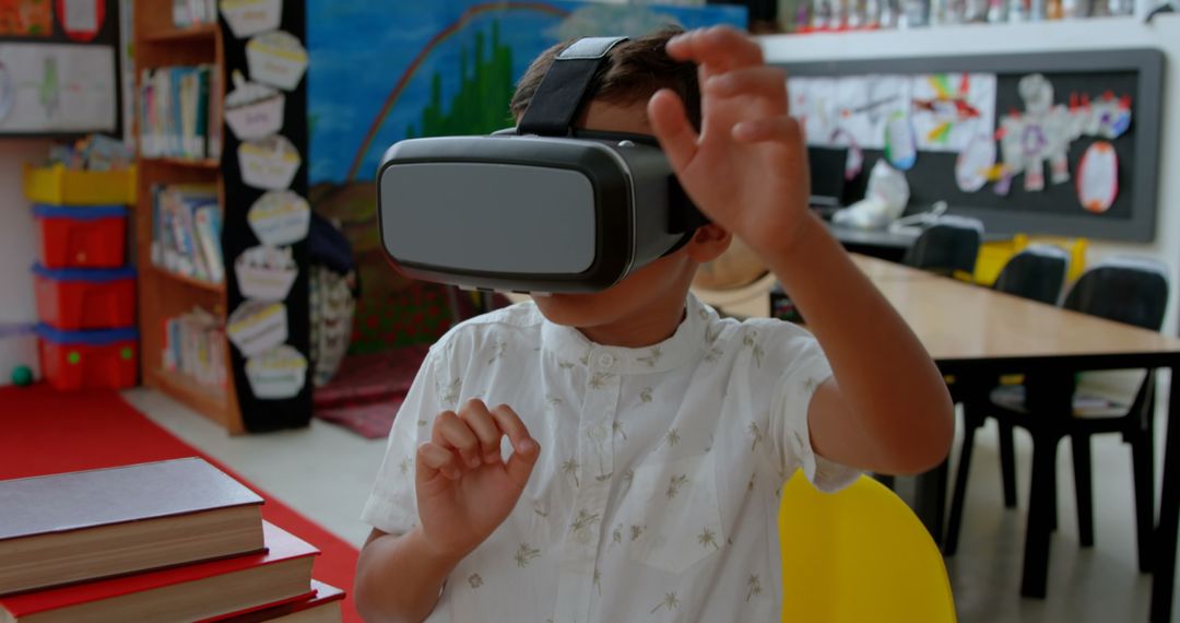 Young Boy Exploring Education with Virtual Reality in Classroom
