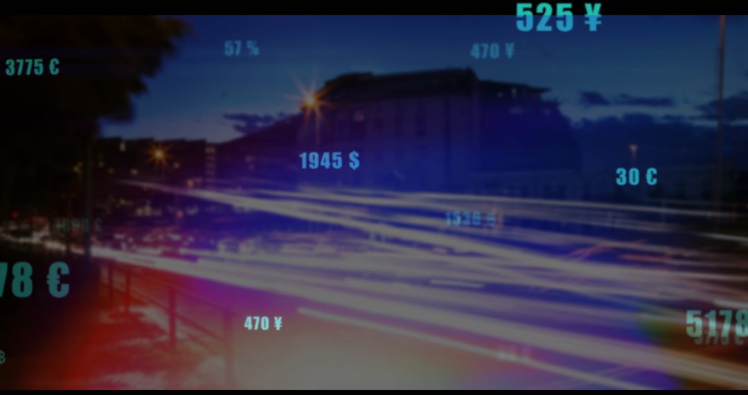 Futuristic Urban Cityscape with Currency Overlays and Light Trails