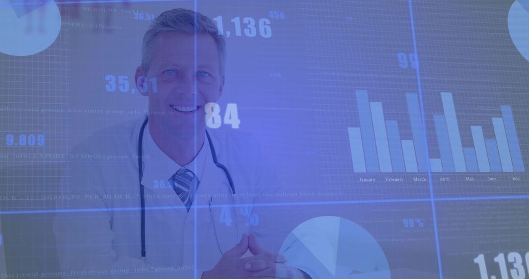 Smiling Doctor with Digital Charts Demonstrates Medical Analytics