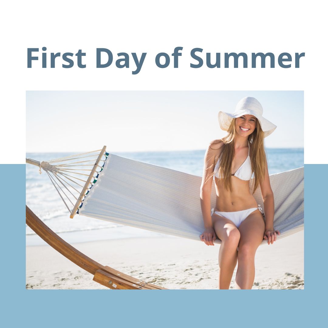 Smiling Woman Relaxing on Hammock at Sunny Beach