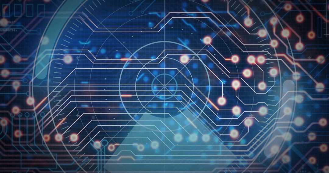 Digital Circuit Board and Data Flow on Futuristic Blue Background