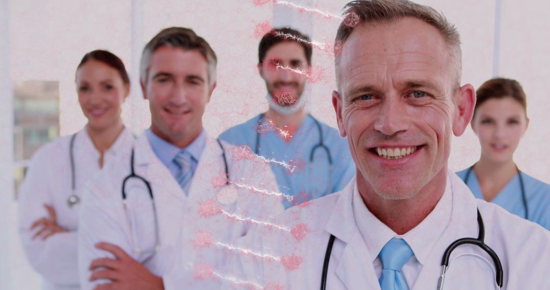 Group of Confident Doctors with DNA Helix Overlay