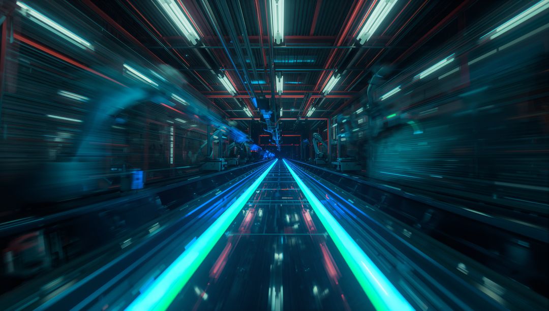 AI-Powered Robotic Assembly Line with Neon Lights