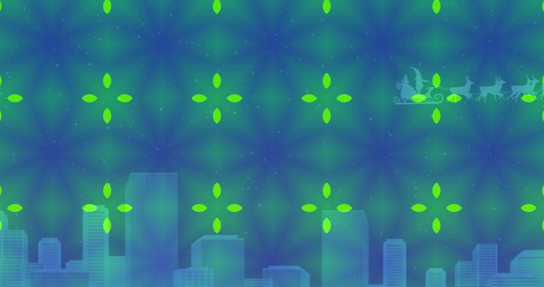 Santa's sleigh flying over festive city skyline with green ornaments