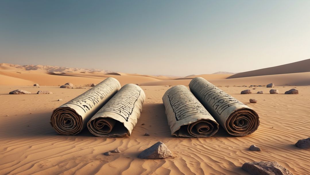 Scrolls resting on desert sand symbolizing ancient mysteries, exodus concept