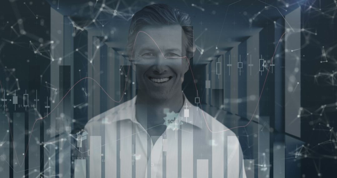 Smiling Businessman Against Digital Data Overlay in Server Room