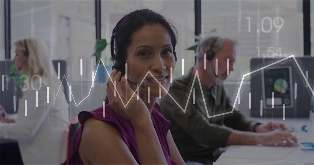 Smiling Call Center Agent with Data Overlay Concept