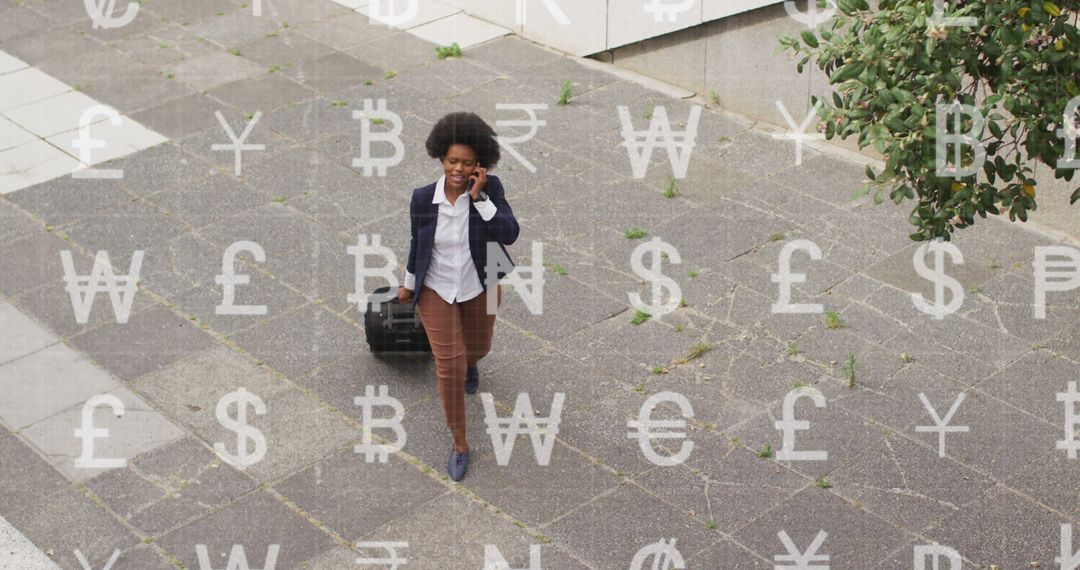 Businesswoman Walking with Luggage and Currency Symbols Overlay