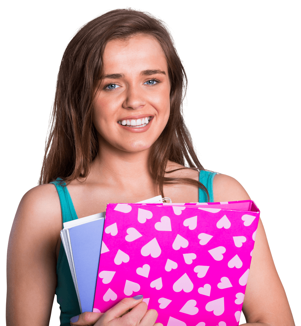 Smiling Young Woman Holding Books with Pink Heart Pattern on Transparent Background