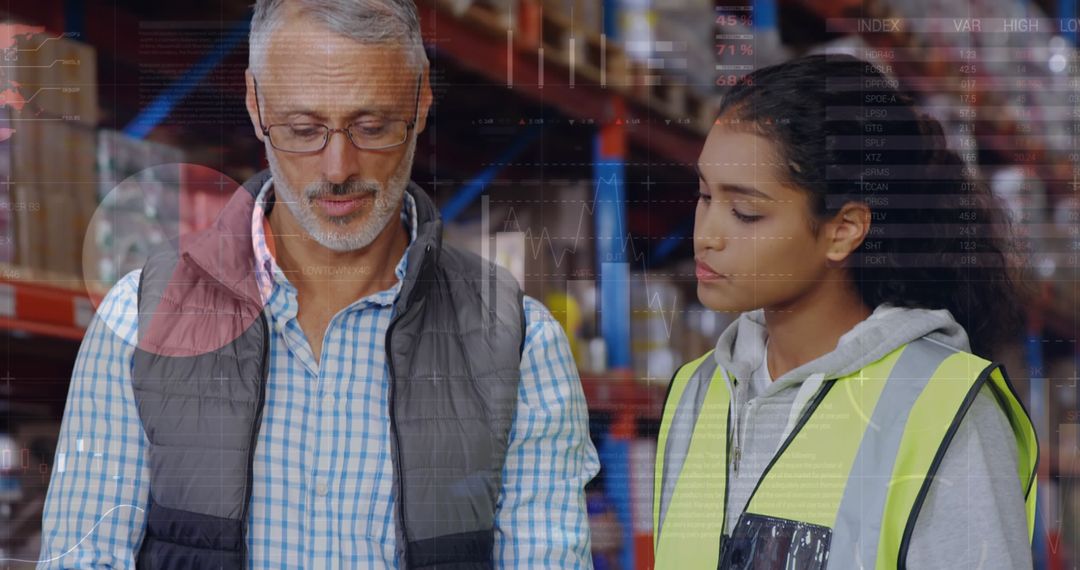 Warehouse Employees Analyzing Digital Data for Logistics