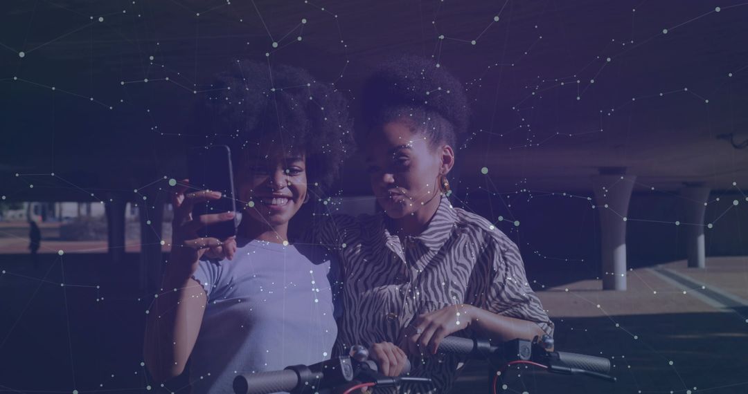 Tech-Savvy Friends Taking Selfie with Electric Scooter Under Bridge