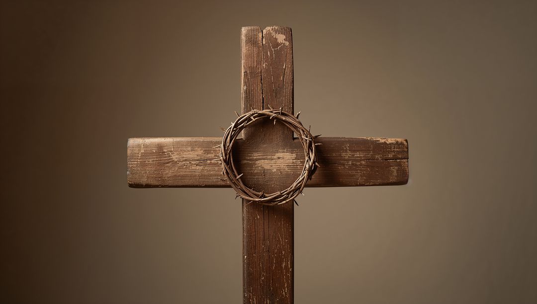 Crown of Thorns on Rustic Wooden Cross Against Brown Background