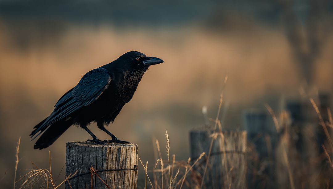 Solitary Crow Perching on Rustic Fence Post in Rural Meadow