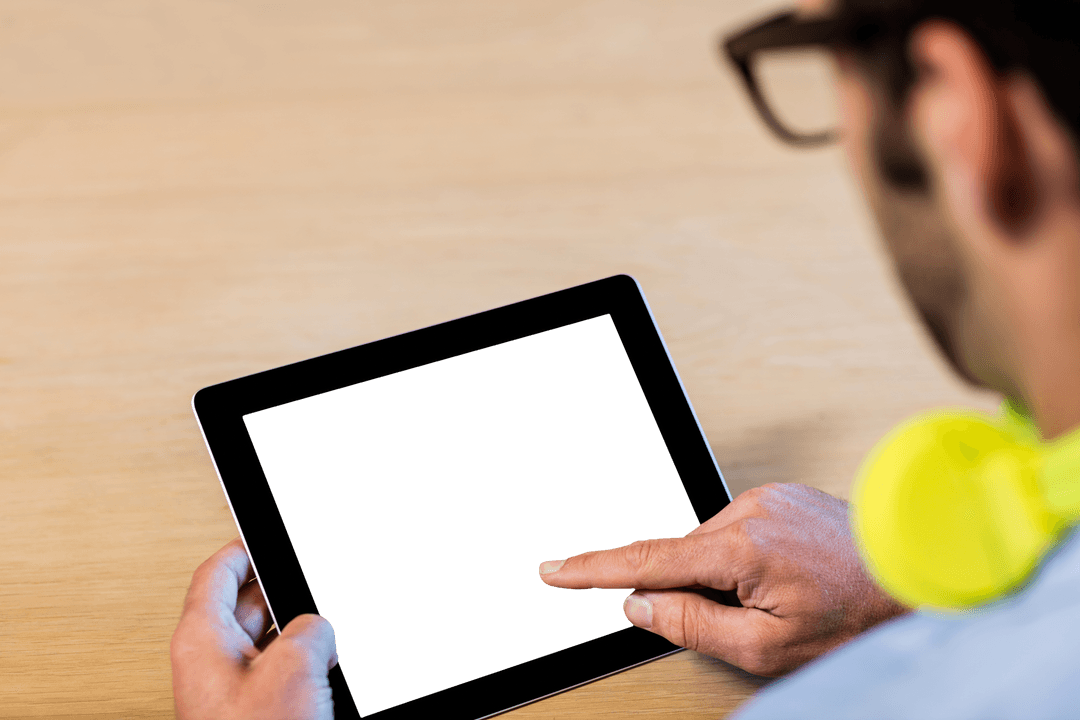 Transparent Touchscreen Display with Man Interacting Close Up