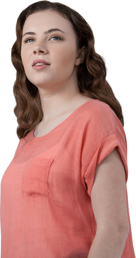Beautiful Woman in Casual Attire Looking Upward on Transparent Background