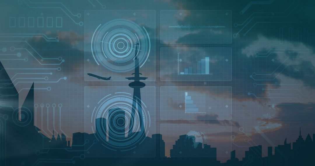 Futuristic Cityscape with Digital Interface Overlay