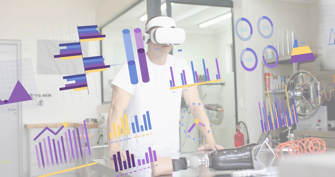 Engineer testing prosthetic limb while wearing VR headset and viewing augmented analytics