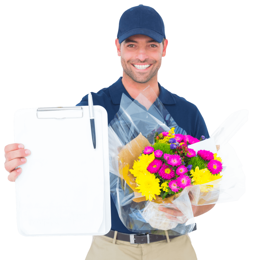 Happy Florist in Uniform Presenting Bouquet with Clipboard