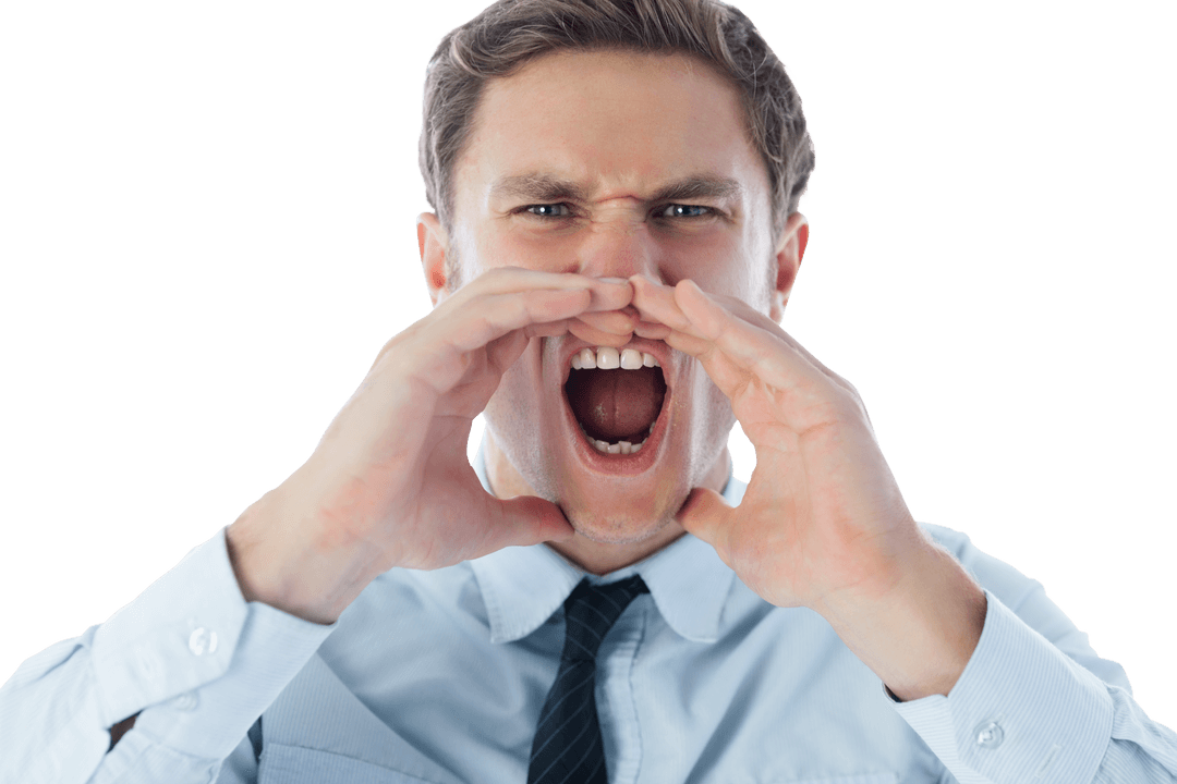 Caucasian Businessman Shouting with Hands Framed on Transparent Background
