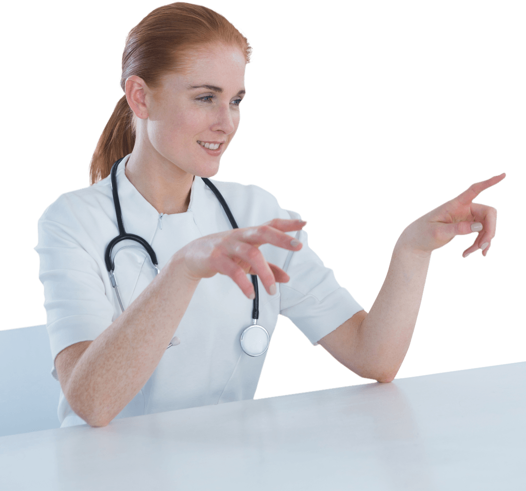 Transparent Smiling Female Doctor Interacting with Virtual Screen