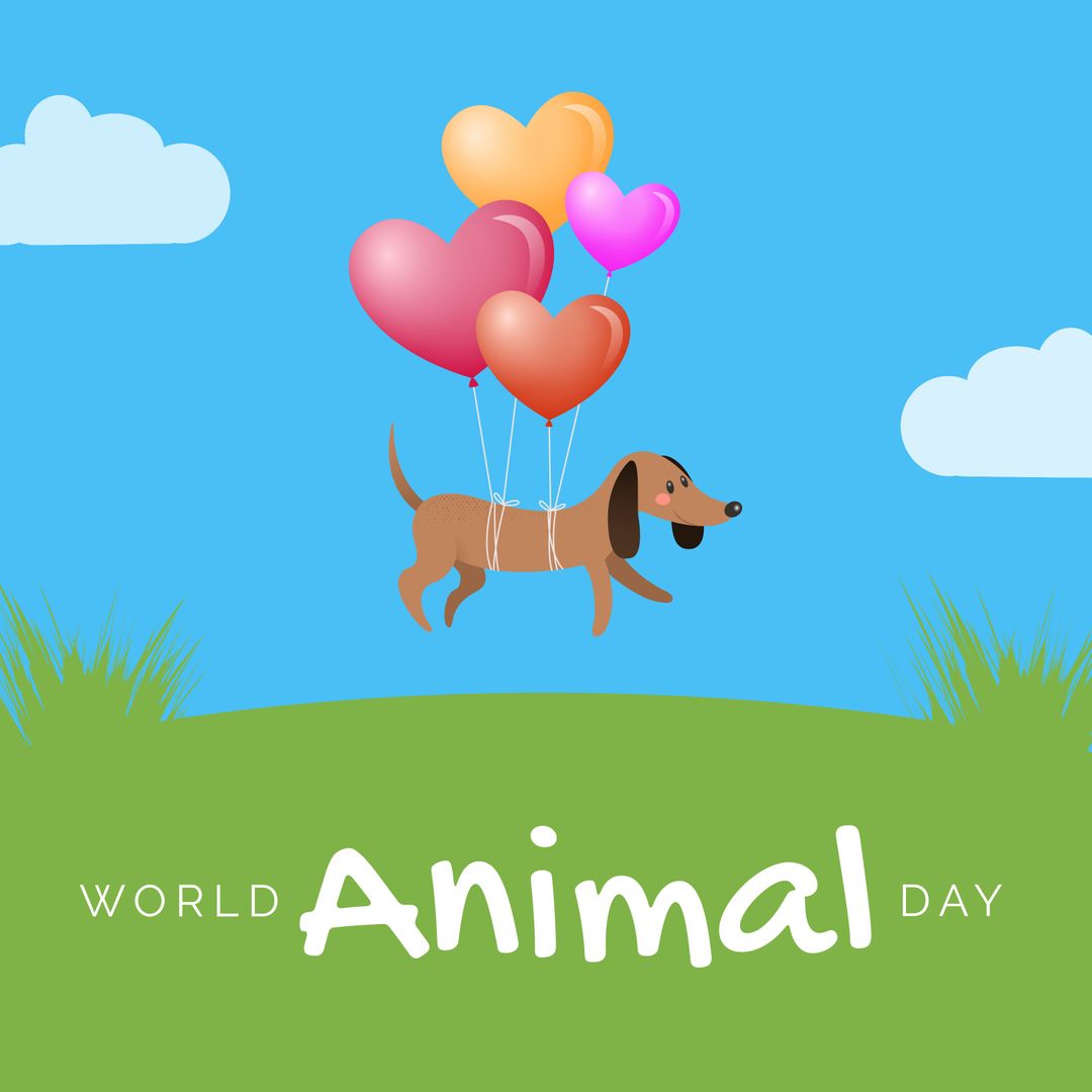 Whimsical Dachshund Soaring with Heart Balloons for World Animal Day