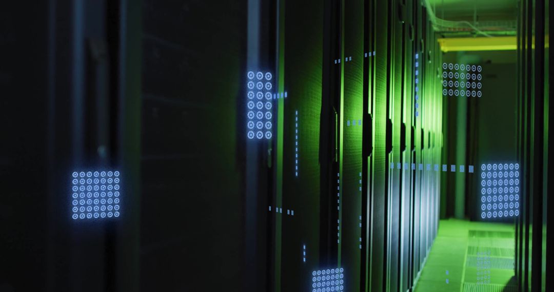 Futuristic Circuit Display on Data Center Servers Highlighting Optimal Performance