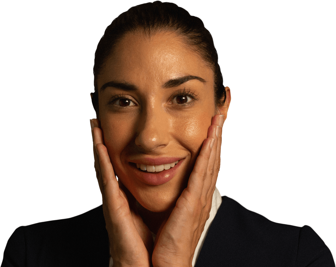 Smiling Biracial Businesswoman with Hands on Face Transparent