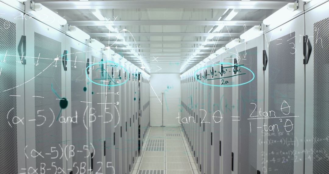 Mathematical Equations Superimposed Over Tech Server Room