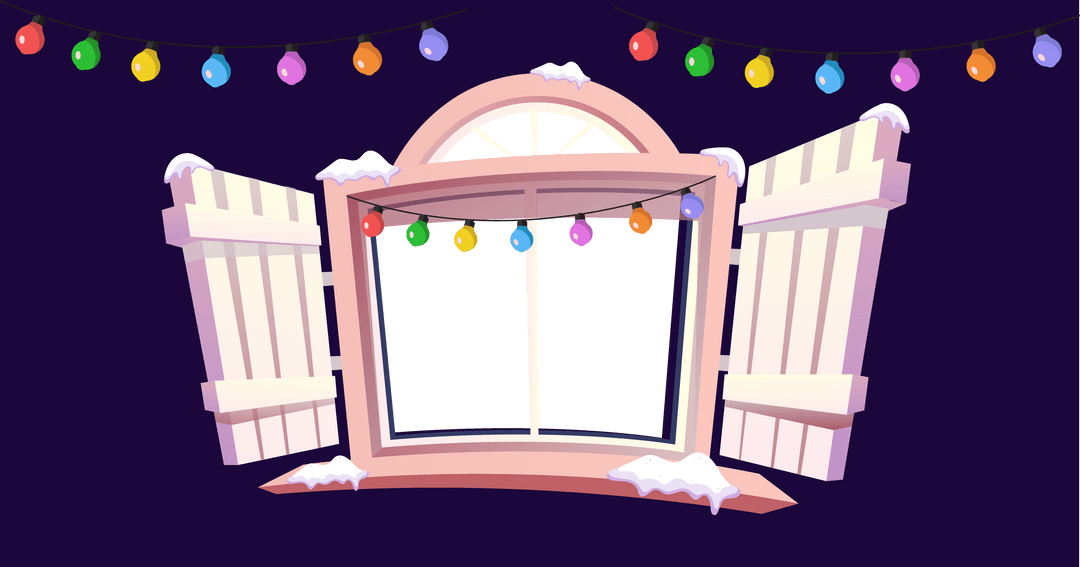 Transparent Window Frame with Snow and Christmas Fairy Lights