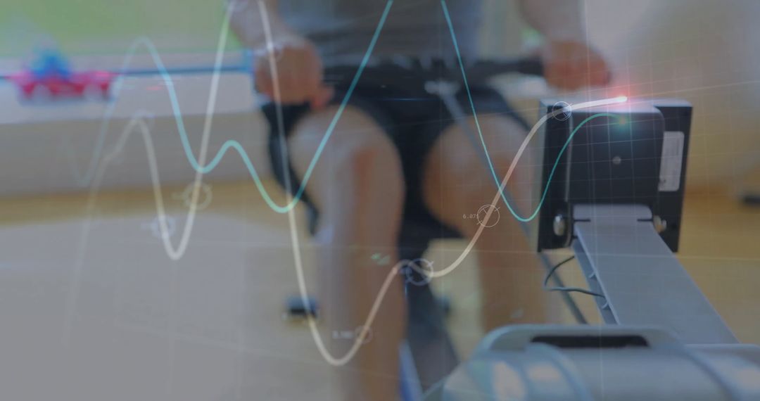 Man Rowing on Machine with Digital Fitness Data Overlay in Gym