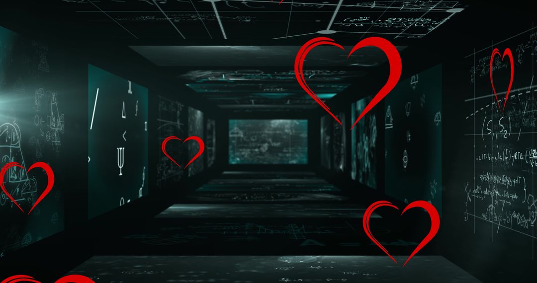 Futuristic Corridor with Floating Hearts and Glowing Equations