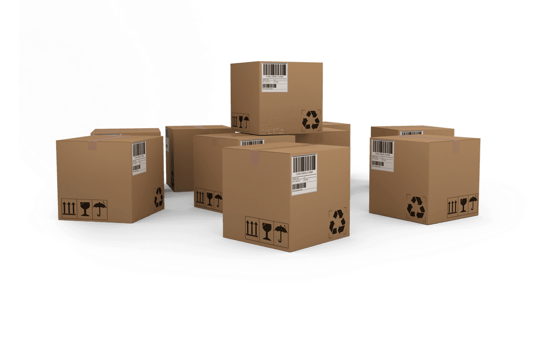Cardboard Boxes with Shipping Symbols on Transparent Background