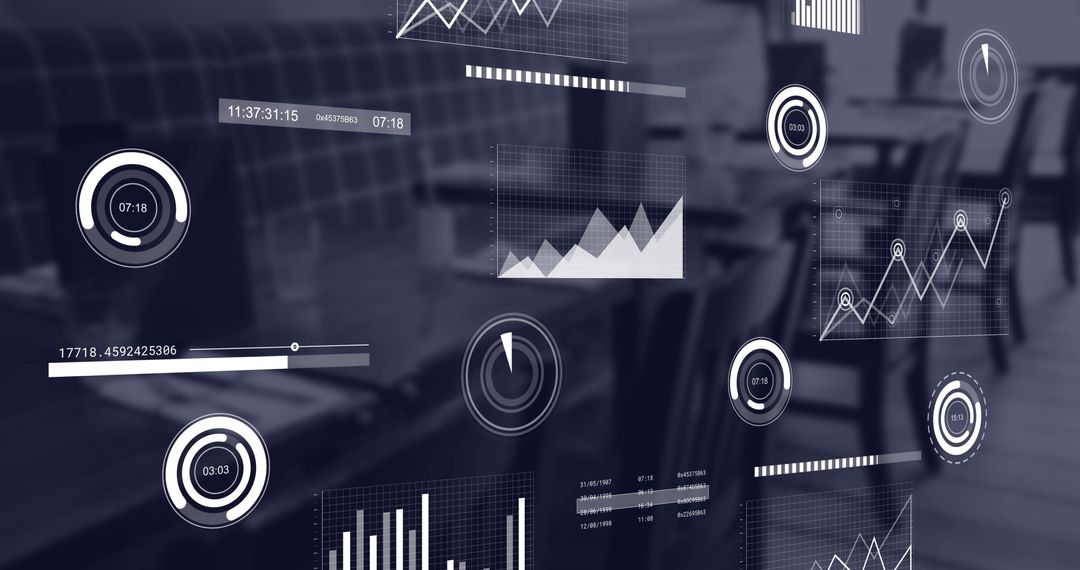 Dynamic Digital Graphs Overlaying Modern Cafe Interior