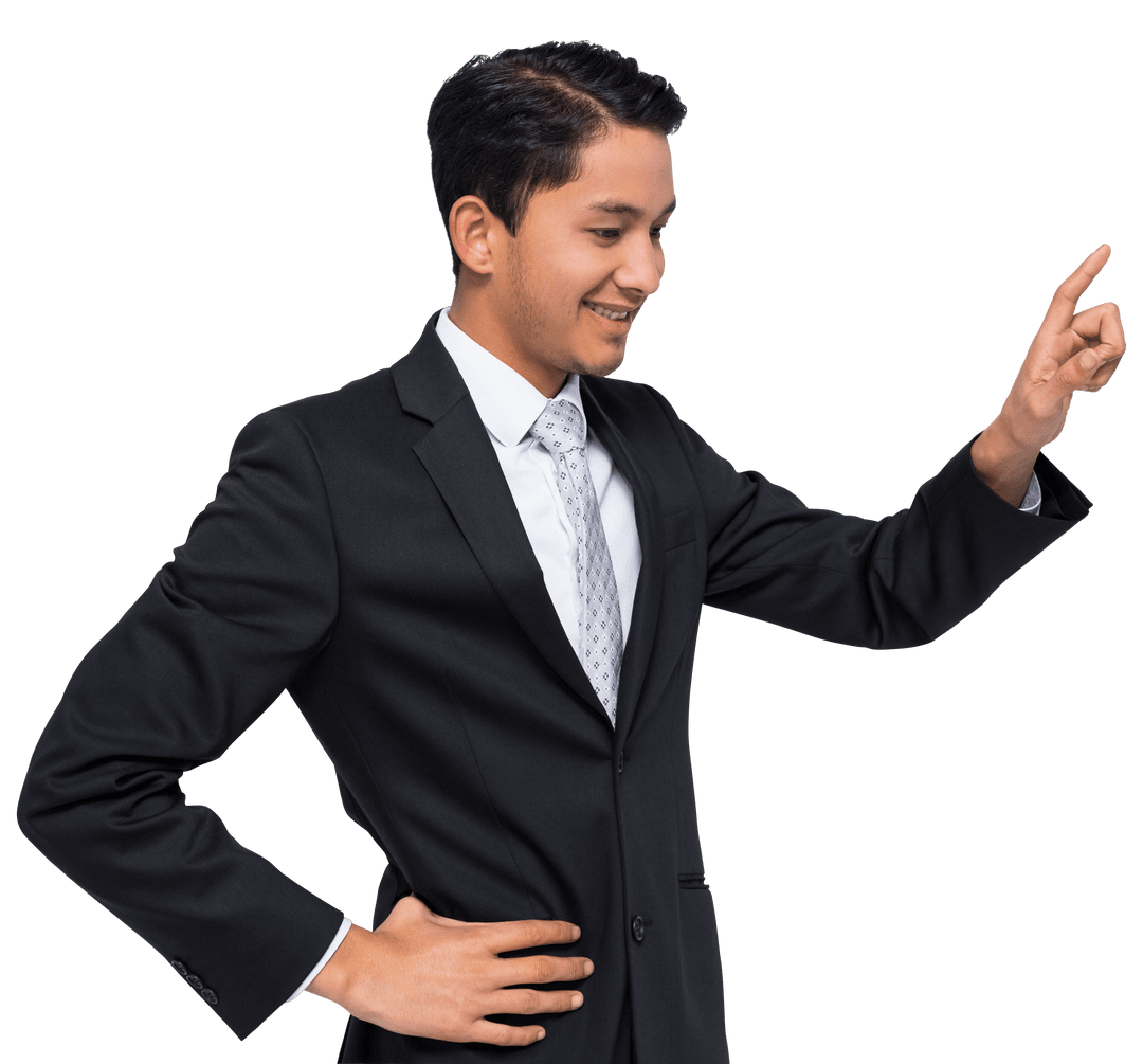 Businessman Pointing and Smiling on Transparent Background
