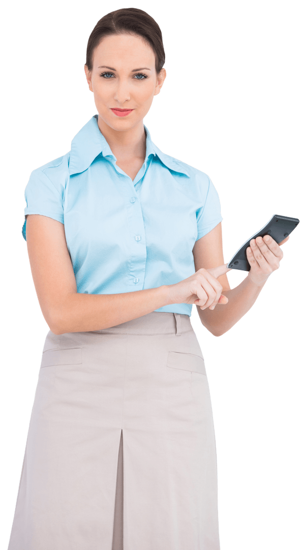 Transparent Businesswoman Using Calculator in Office Attire