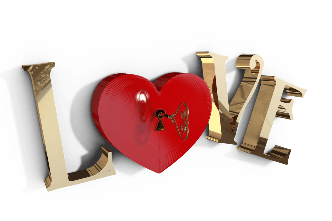 Golden Love Text and Heart Key Design on Transparent Background