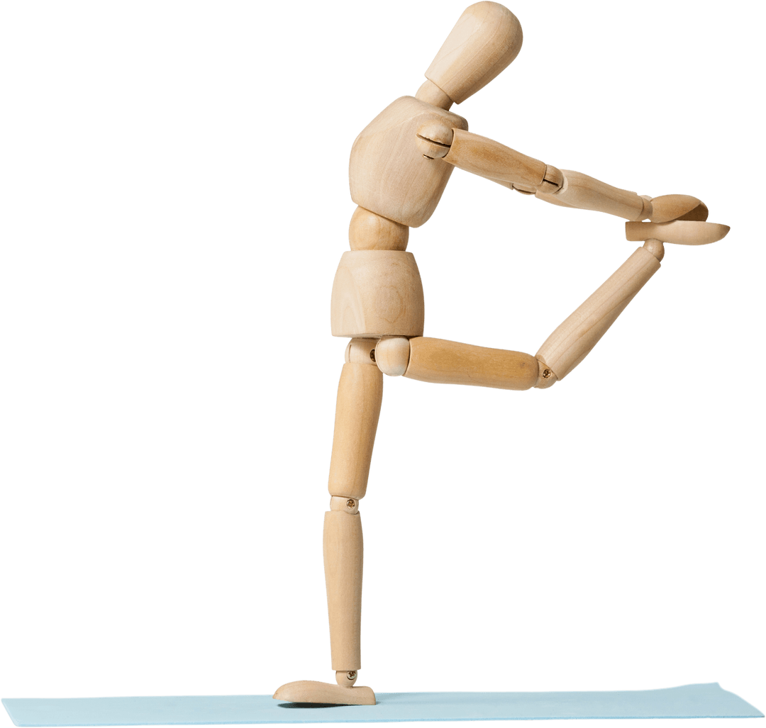 Wooden Figurine Balancing in Yoga Pose on Transparent Mat